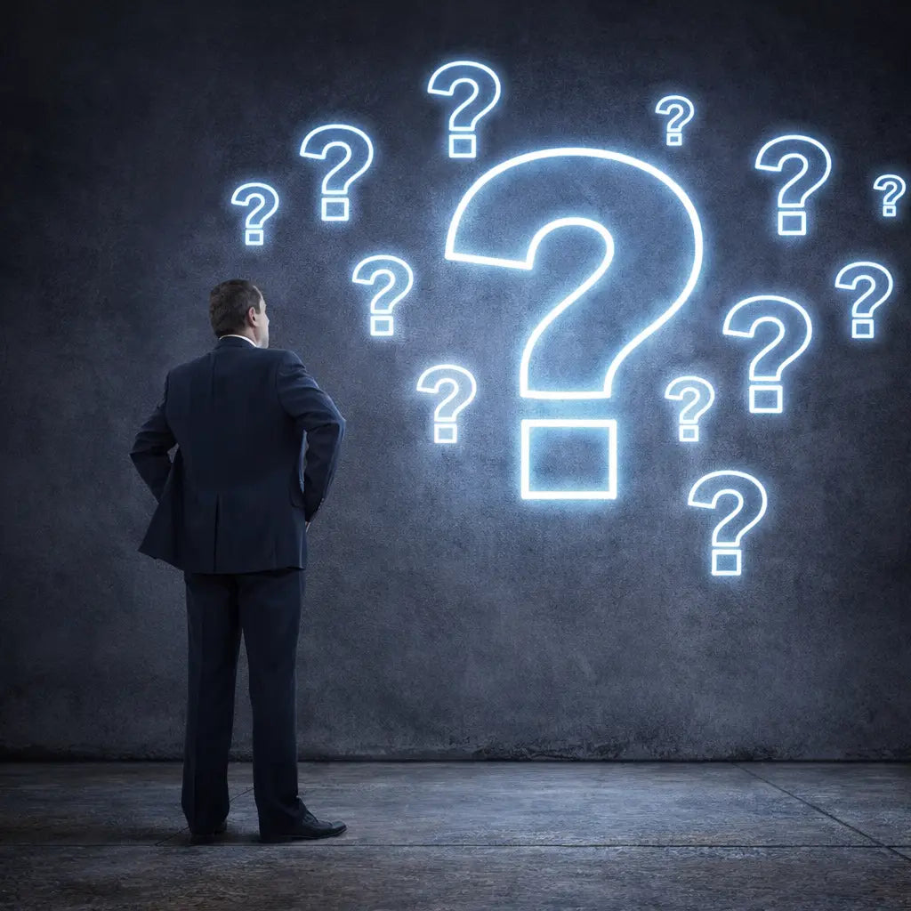 Man in suit before blue neon question marks on uniforms for businesses