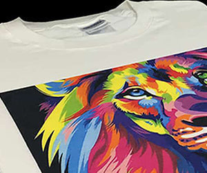 White T-shirt with vibrant lion graphic print showcasing kulaink dtg garment printing