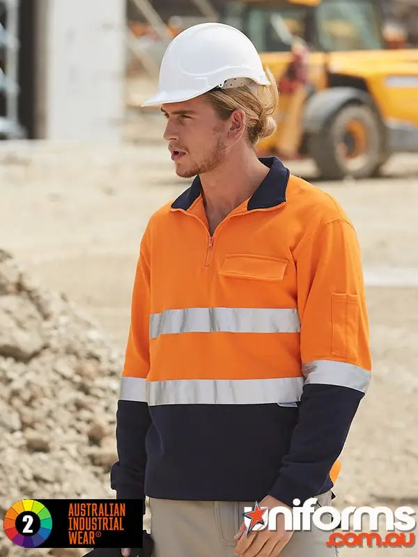 Orange and navy blue safety mining workwear shirt with reflective stripes and zipper collar