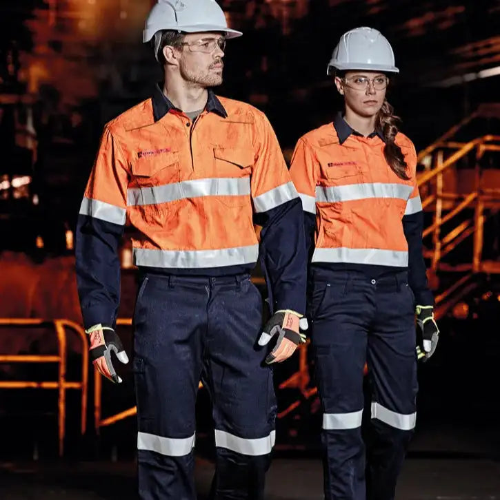 Orange navy hi-vis uniform with reflective stripes at Uniform Super Store