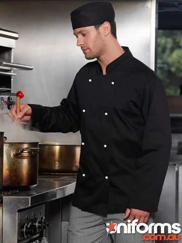 Black chef wear with white buttons and matching toque for hospitality professionals