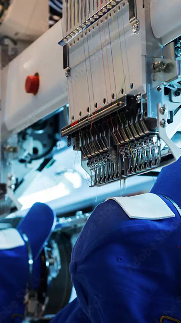 Industrial embroidery machine stitching blue fabric in embroidery logo set, affecting stitch count