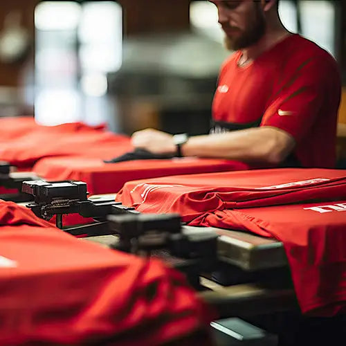 Red T-shirts on a screen printing press perfect for vibrant logo printing