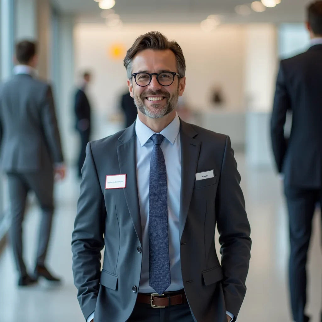 Man in dark gray suit jacket, light blue shirt, navy tie, and glasses for custom embroidered company uniforms