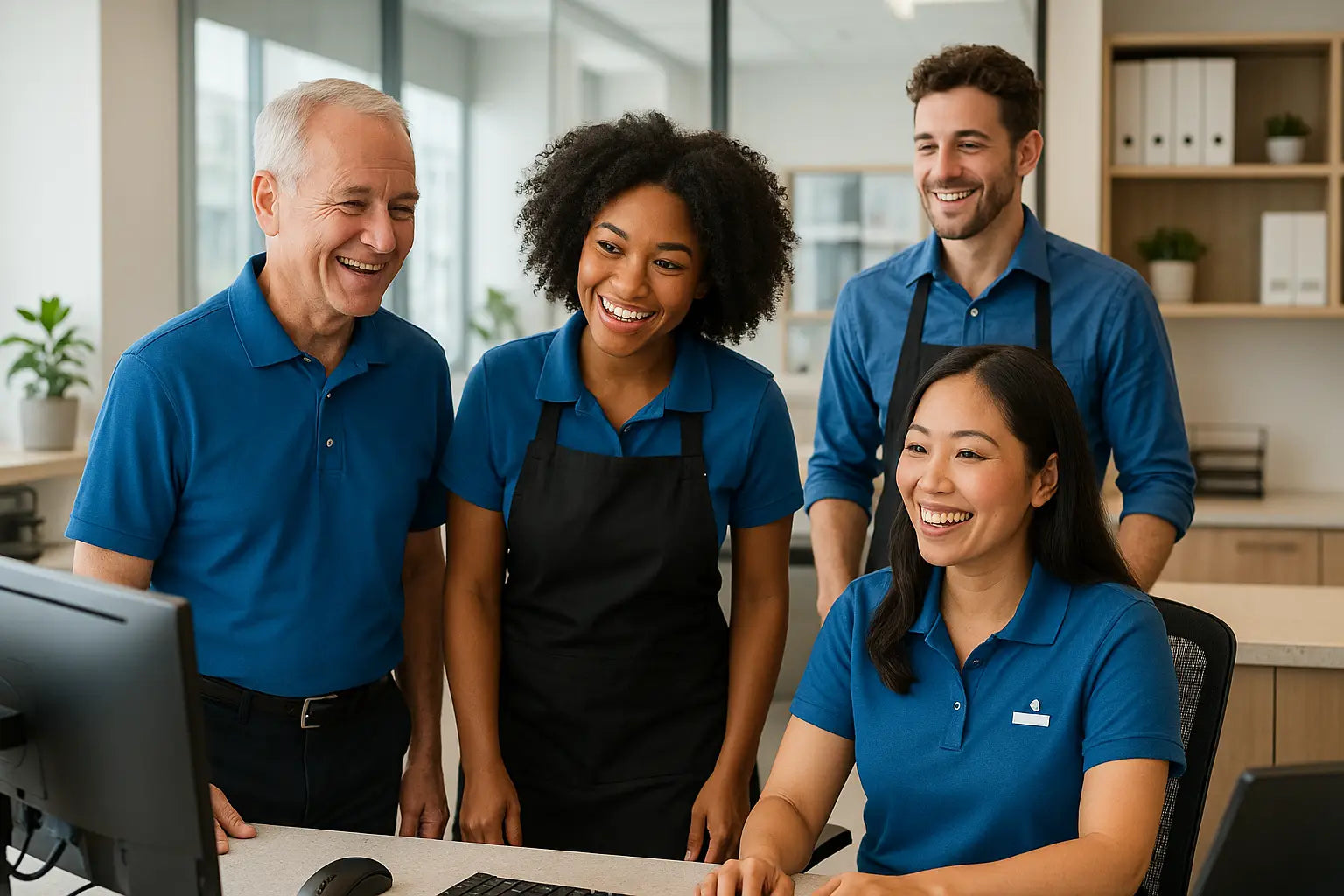 Blue polo shirt with white logo and black apron for employee uniforms