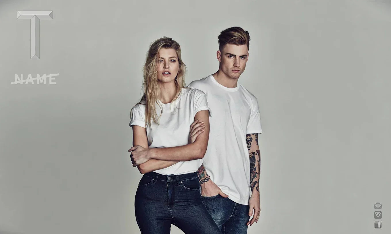 Two people rocking white t-shirts and dark blue jeans, showcasing creating nameless pieces