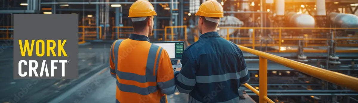 Two workers in hard hats and workwear at an industrial site with Workcraft NCC gear