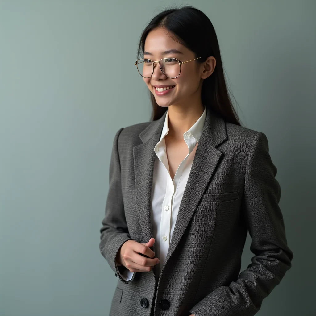 Gray textured blazer with white shirt and glasses in workwear style