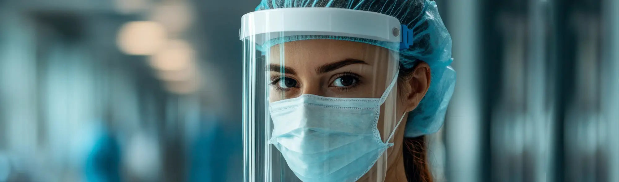 Medical professional in PPE faceshield parts and workwear for safety and protection