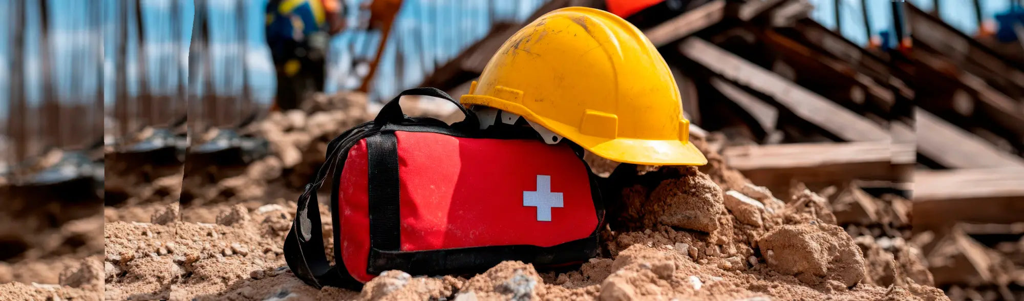 Yellow hardhat on a red first aid kit, part of PPE Hand Sanitisers for workplace hygiene
