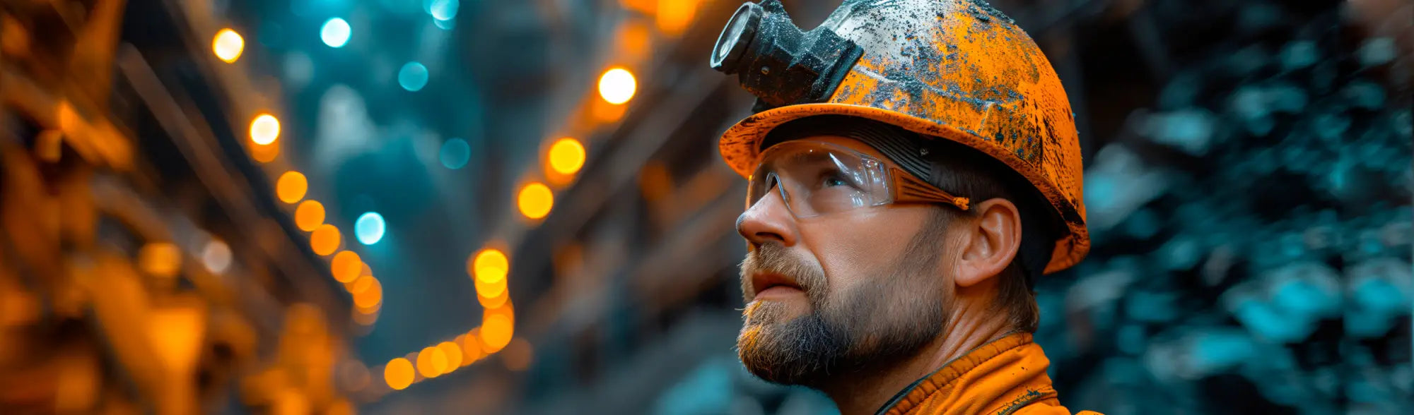 Miner with hardhat and headlamp showcasing PPE Headwear for head protection and maximum safety