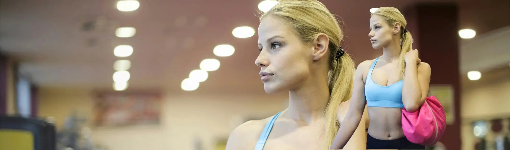 Blonde woman in workout attire with sports bags in the collection, perfect for fitness routines
