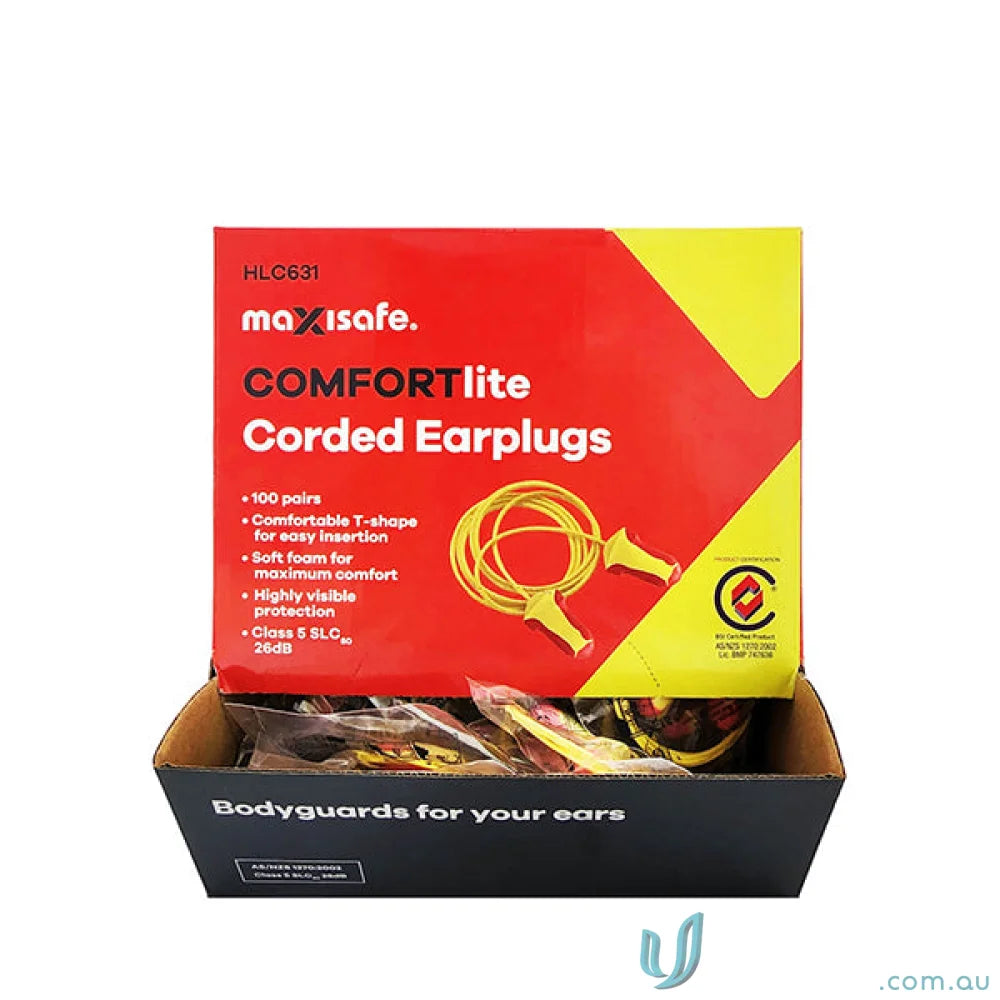 Box of Maxisafe Comfort Lite comfortable corded earplugs for uniforms under 100pk.Comfortlite T-Shaped class 5