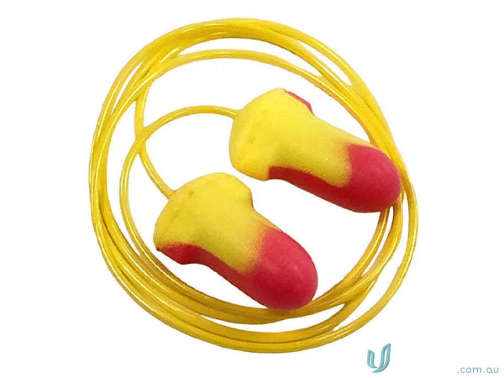 Yellow and red comfortable earplugs with cord for uniforms in Class 5 safety