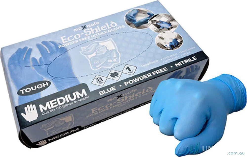 Box of Eco-Shield Blue Nitrile Unpowdered gloves for food prep, uniforms, workwear