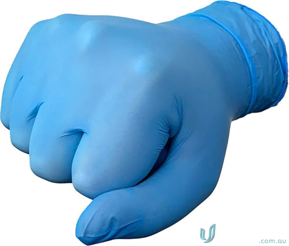 Blue latex-gloved fist showing durable workwear for food industry or uniforms