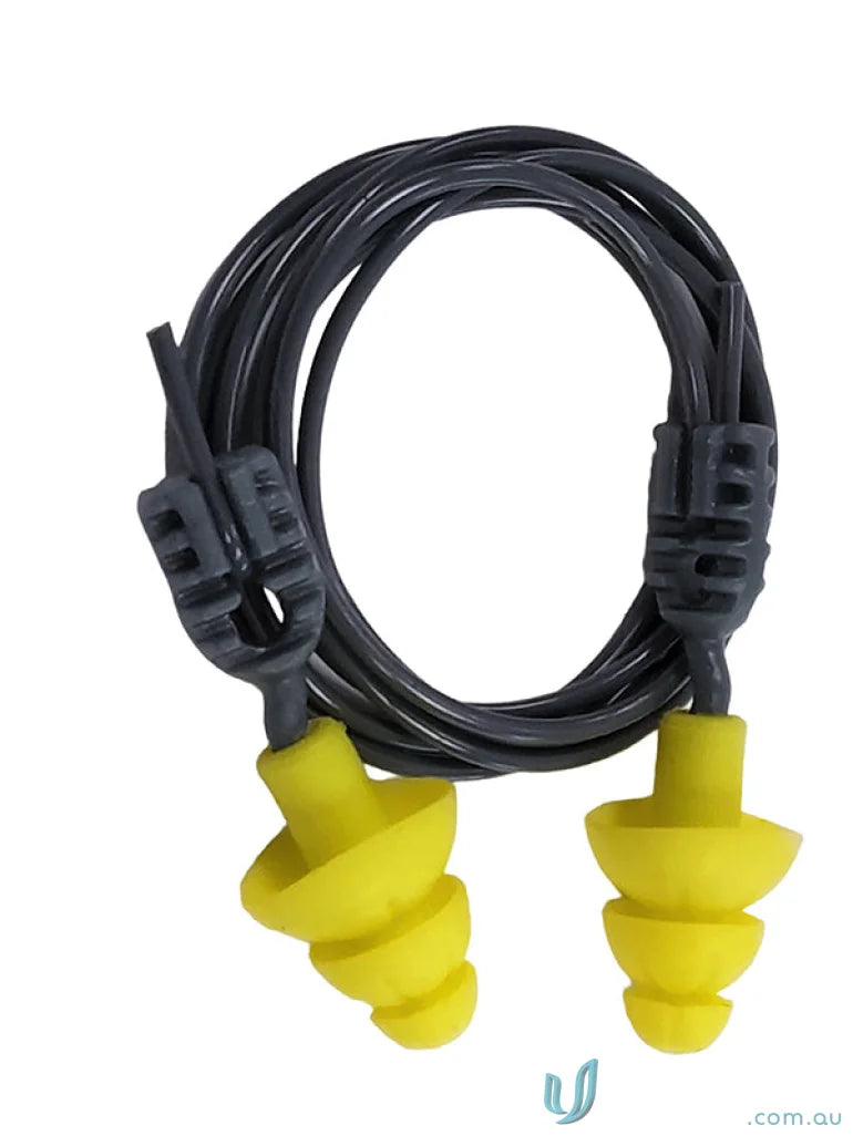 Yellow earplugs with black cord for workwear and uniforms, Ergonomic Push & Twist design