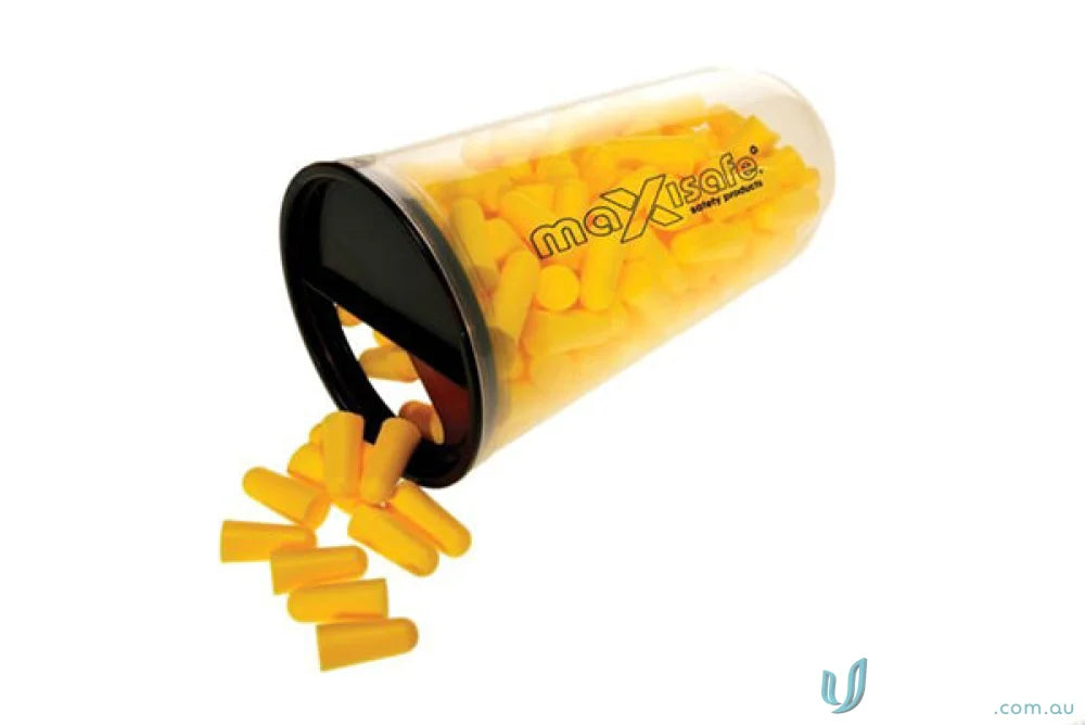 Yellow earplugs in clear container from MaxiPlug Tradies Pack for workwear and uniforms