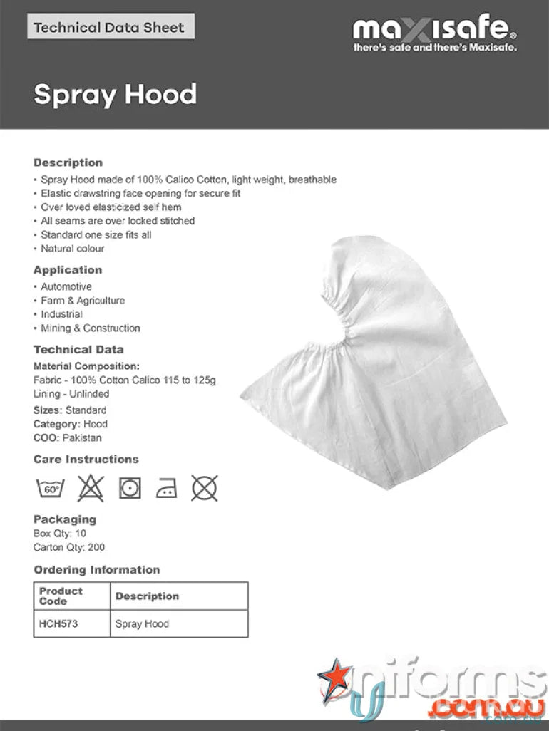 Spray hood product info sheet for 10pk Calico Hoods, perfect for workwear and hoods