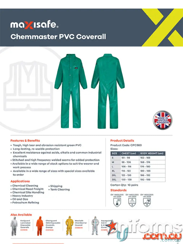 Green PVC coverall from 10pk Chemmaster wide range of uniforms for safety