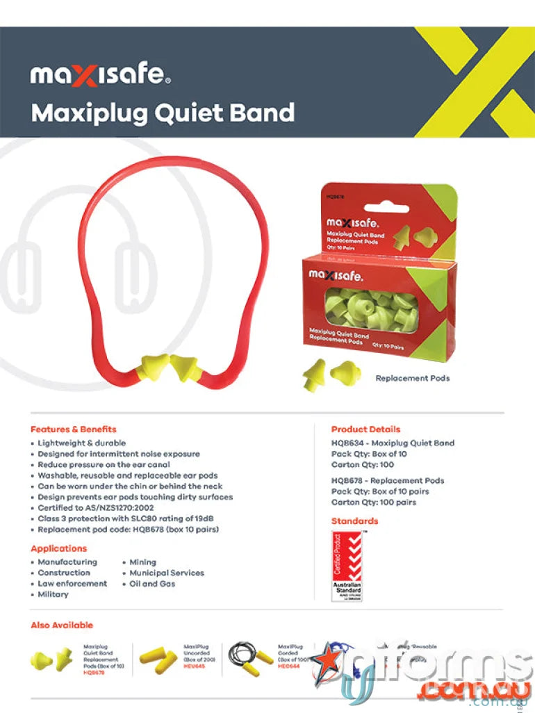Maxisafe Ear Pods for workwear and uniforms, 10pk MaxiPlug Quiet Band 19dB Class 3