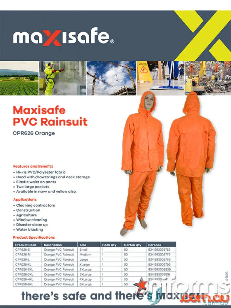 Orange PVC rainsuit from 10pk Maxisafe workwear for durable work uniforms