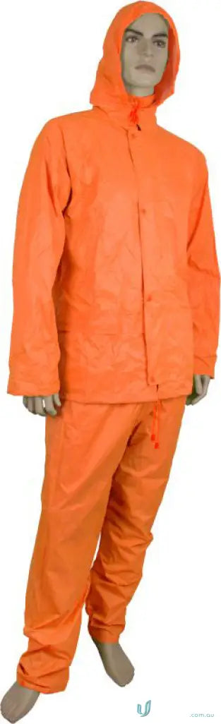 Orange hooded rain suit from 10pk Maxisafe PVC Rainsuit, perfect for workwear uniforms