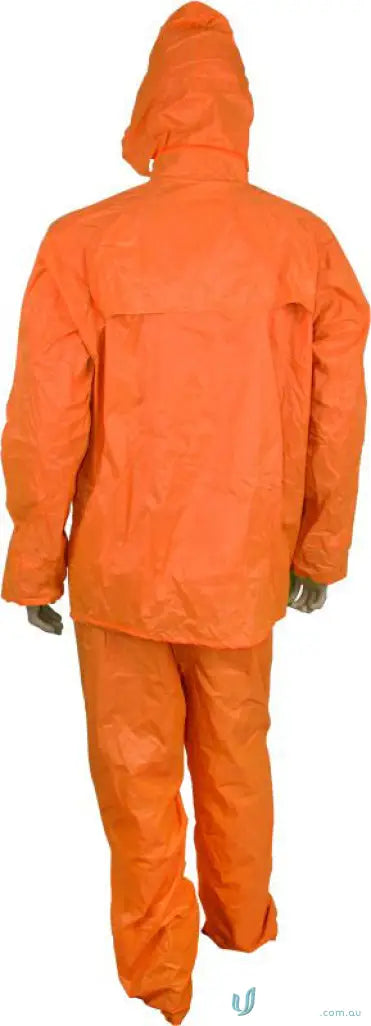 Orange hooded rain suit from 10pk Maxisafe PVC Rainsuit, perfect for work uniforms