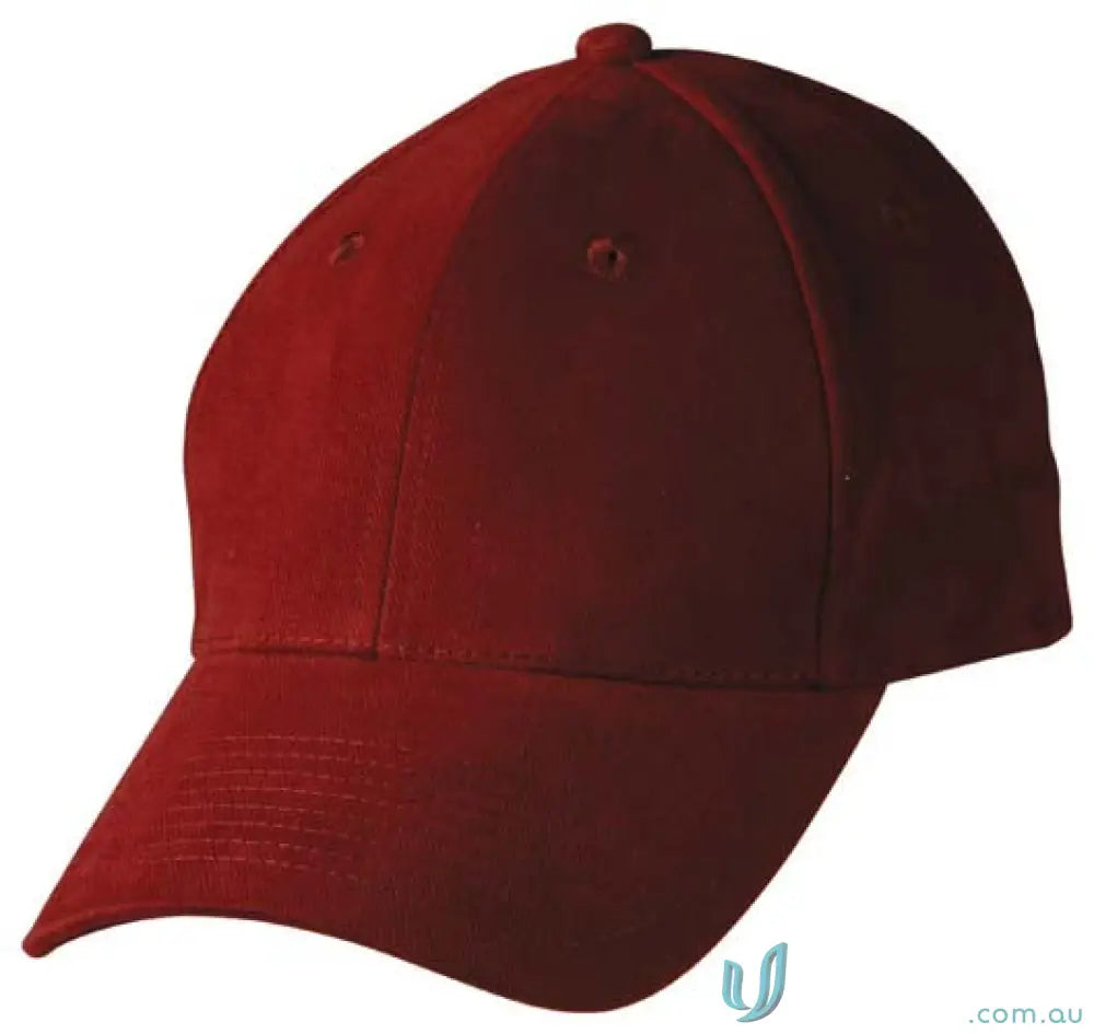 Maroon 6-panel structured baseball cap with curved brim made of heavy brushed cotton