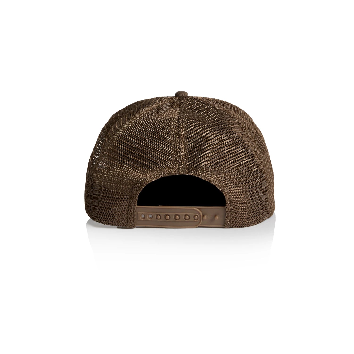 Brown mesh as trucker cap showing the back with an adjustable strap perfect for work uniforms and workwear