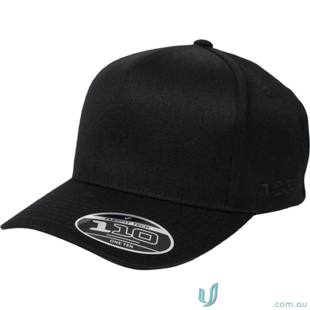 Black 110A A Frame Cap with snapback strap and Flexfit technology for work uniforms