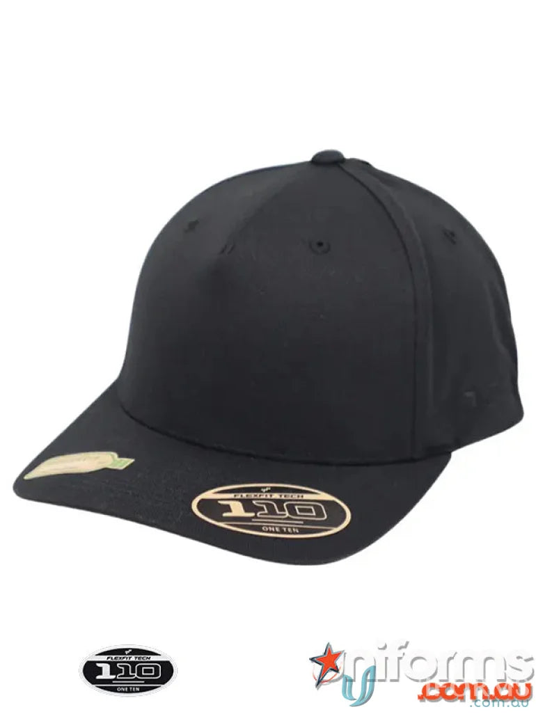 Black fitted baseball cap from the 110AR Recycled Cap collection, eco-friendly recycled cap