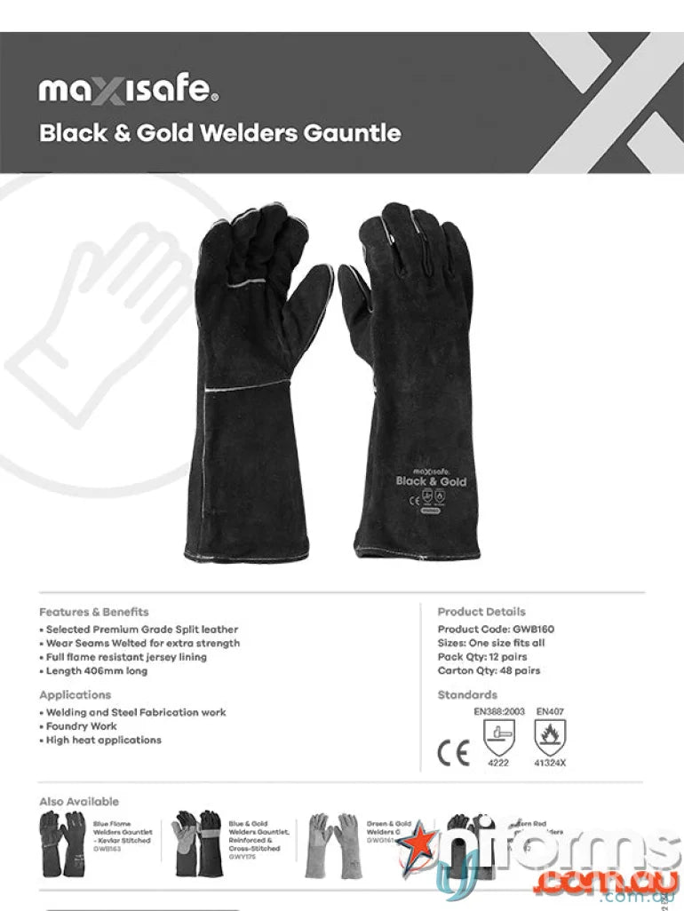 Black and gold welders gauntlet for protection, featuring a stylish gold welders gauntlet design
