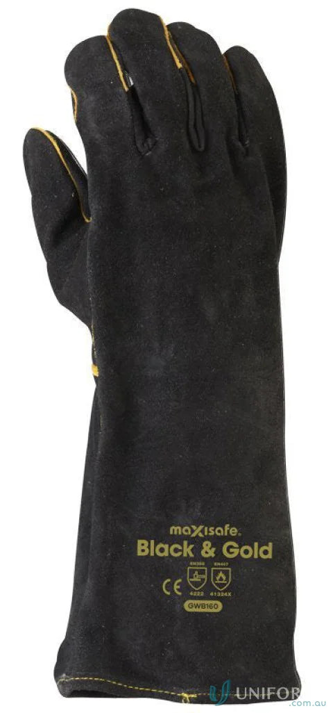 Black and gold welders gauntlet for extra protection in your welding projects