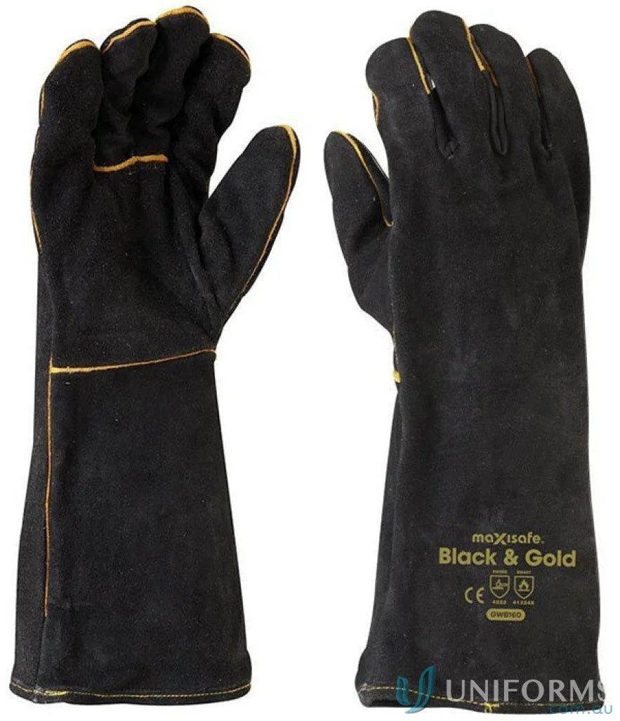 Pair of black and gold welders gauntlet gloves for welding work safety