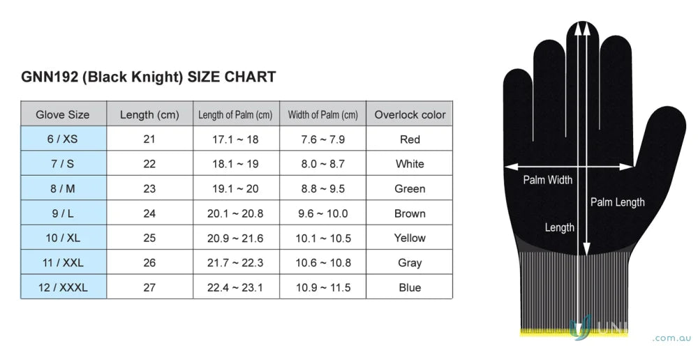 Black Knight Gripmaster glove size chart with measurements for excellent grip and uniforms