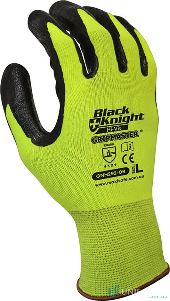 Hi-vis work glove with black grip and Black Knight Gripmaster coating for oily tasks