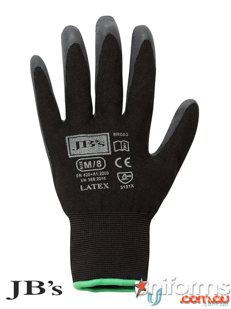 Black latex work glove for general purpose, uniforms, or workwear needs in a 12 pack