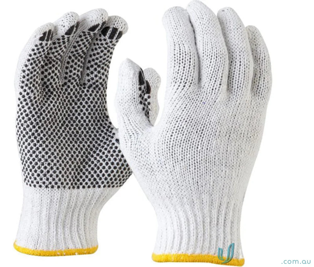 White knitted poly cotton gloves with black dots for extra grip and workwear