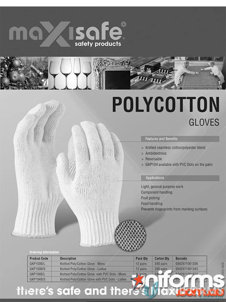Poly Cotton Polka Dot Work Gloves with Extra Grip for Workwear and Uniforms