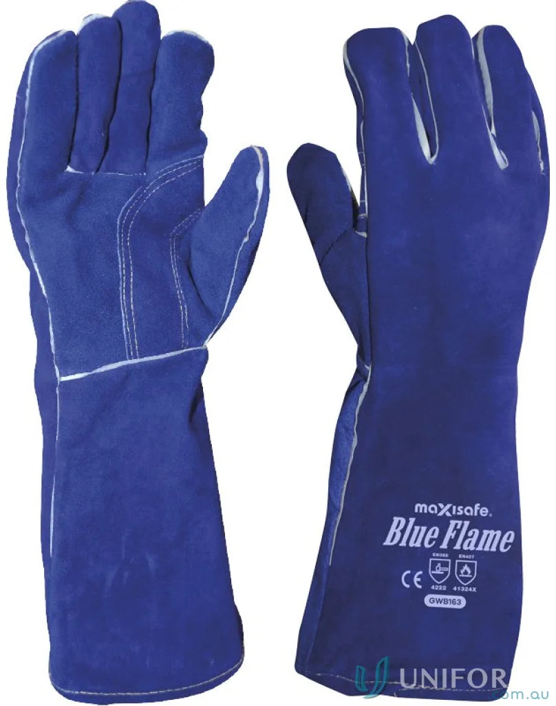 Pair of blue flame kevlar stitched welders gloves from 12pk Blue Flame Kevlar series