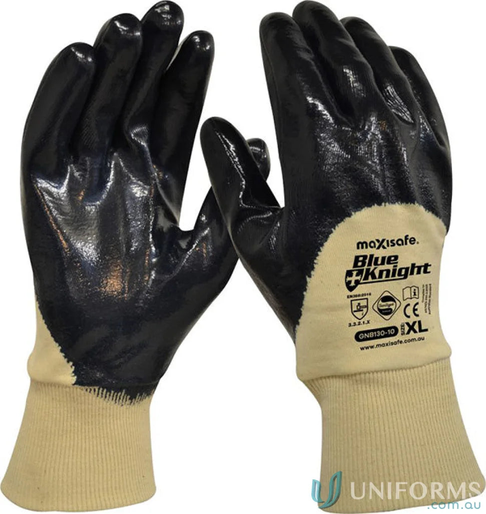 Black and beige knit wrist work gloves from Blue Knight Nitrile 3/4 Dipped Glove 12pk for workwear