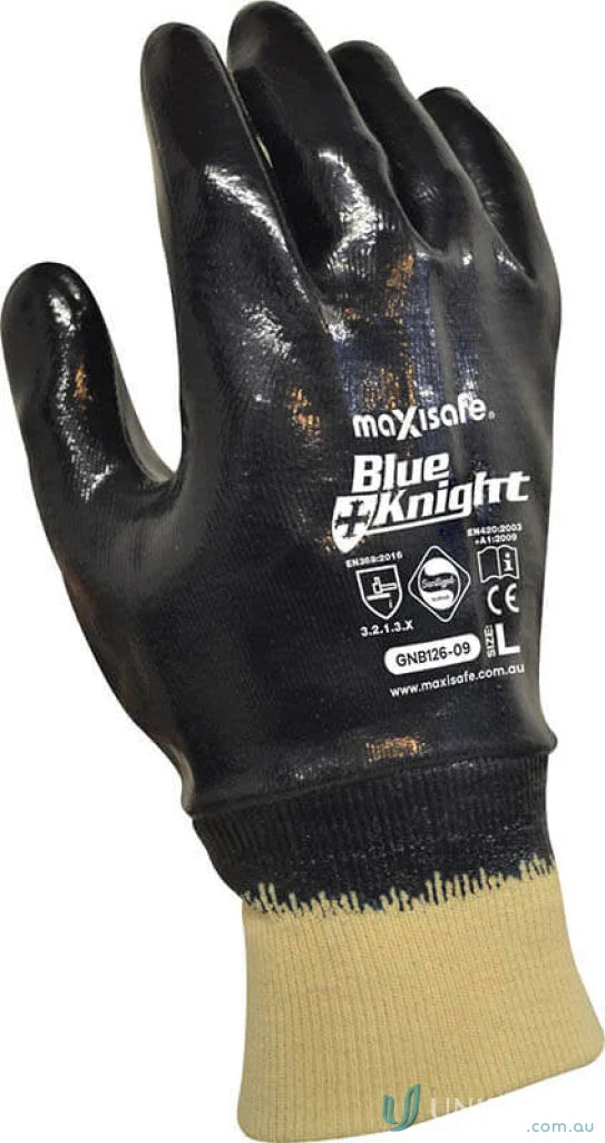 Black work glove with tan cuff and knit wrist for uniforms and workwear durability