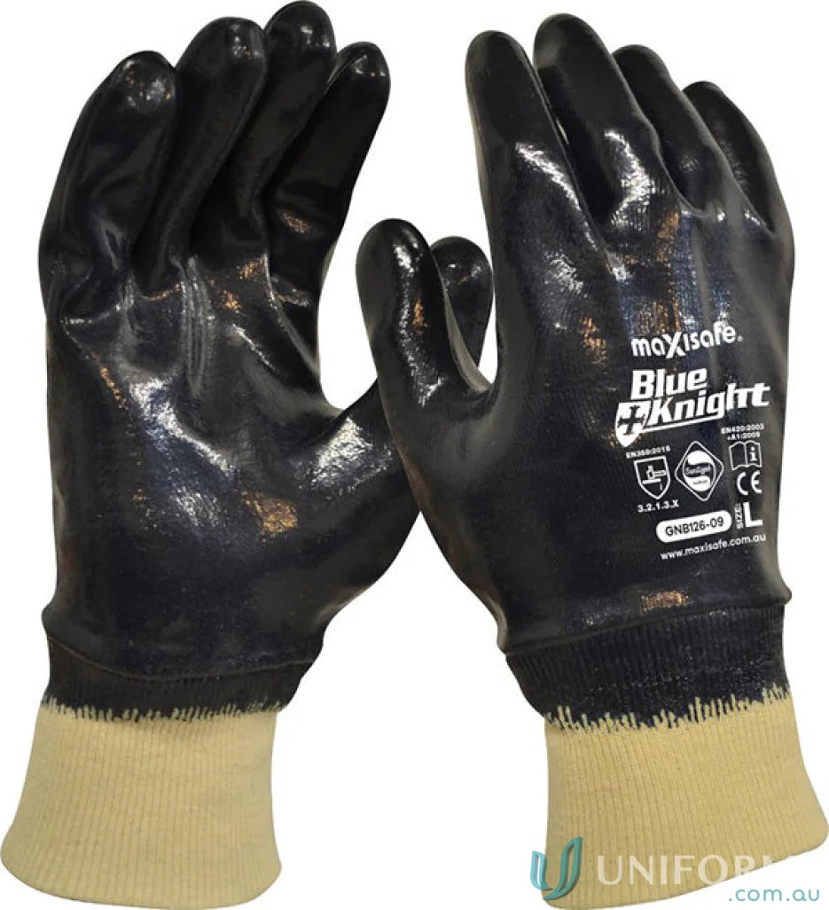 Pair of black nitrile work gloves with knit wrist, great for uniforms and workwear