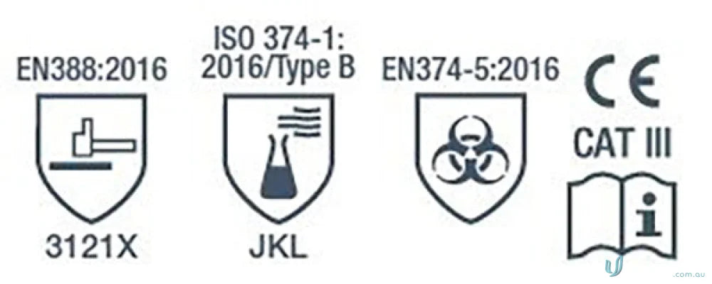 Safety glove rating symbols on 12pk Chembarrier Glove perfect for medical and work uniforms