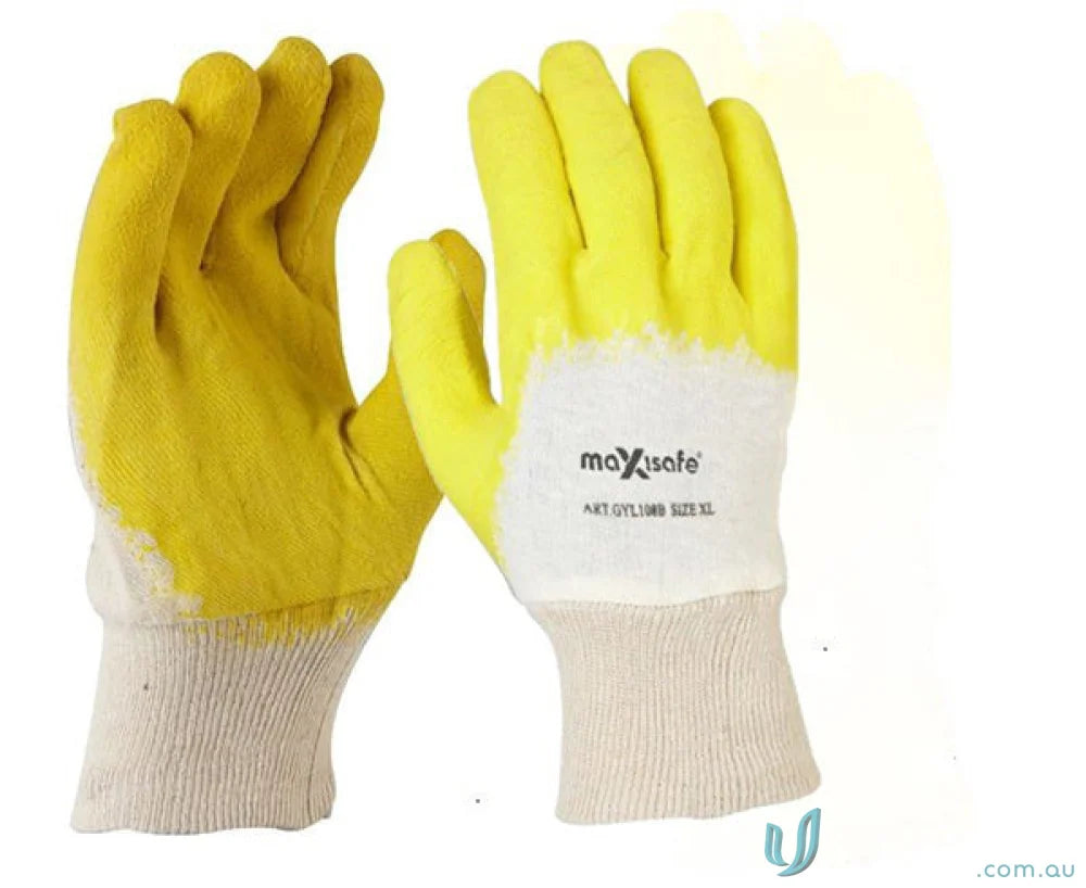 Yellow and white economy yellow latex glass gripper gloves for extra grip and protection