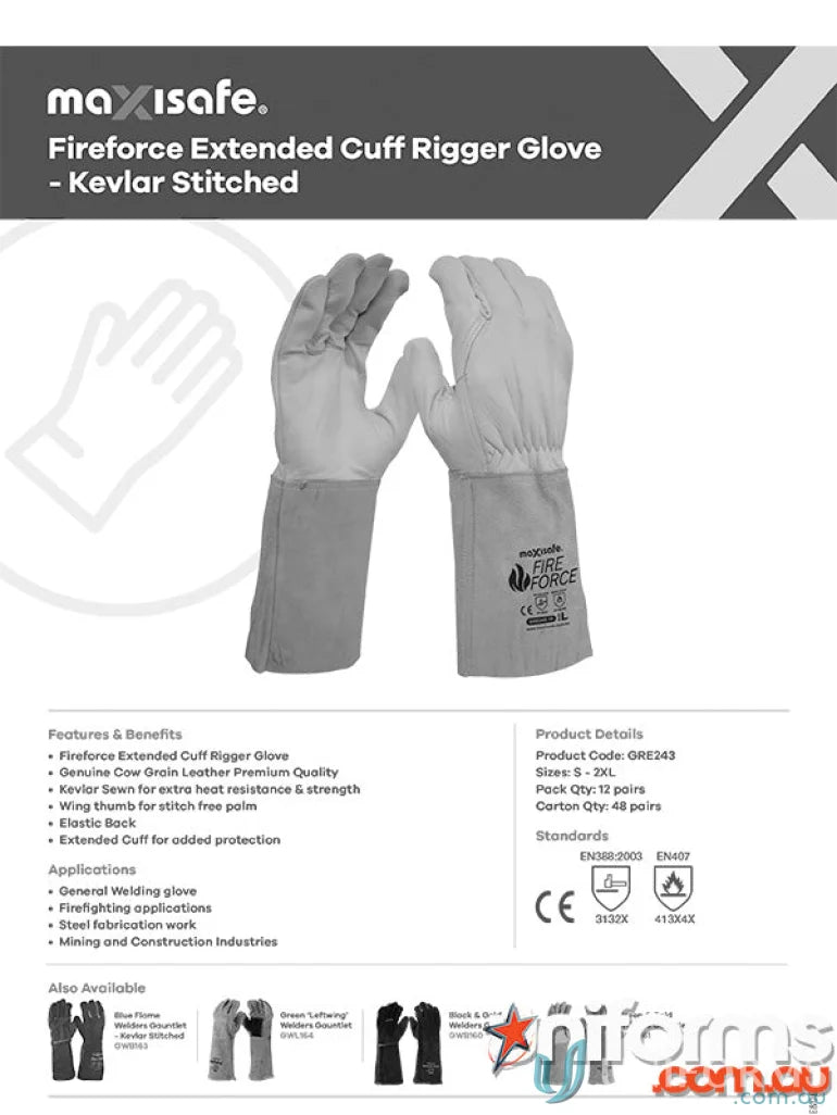 Fireforce extended cuff rigger glove with Kevlar stitching for safety and durability