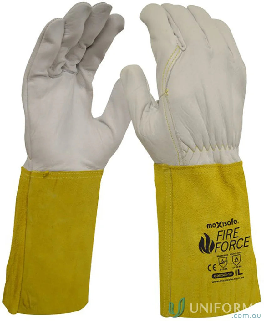 Yellow and white fire-resistant extended cuff rigger glove for safety and durability