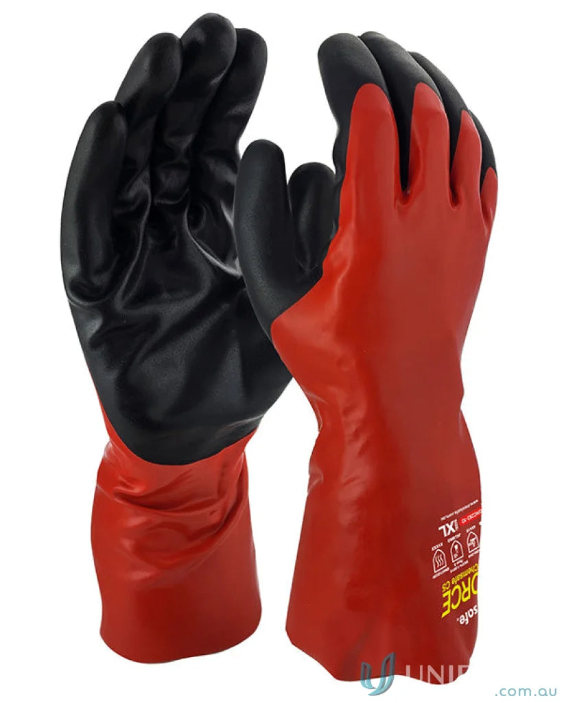 Red and black industrial gloves perfect for cut-resistant workwear and uniforms