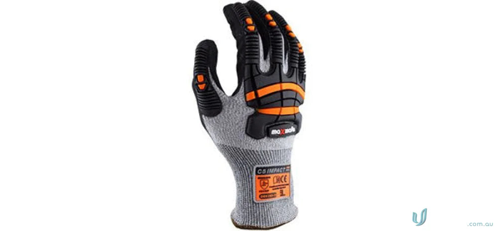 Gray and black impact protection work glove with orange accents for uniforms